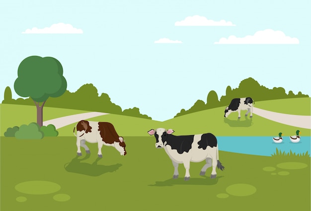 Vaca pastando en Bank Duck Swim en River Animal Farm