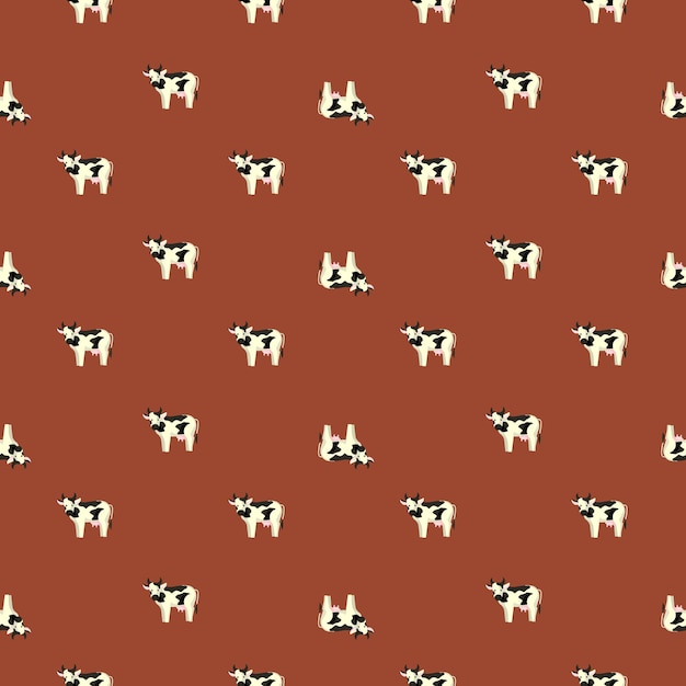 Vaca de patrones sin fisuras sobre fondo marrón. textura de animales de granja para cualquier propósito. plantilla geométrica para el diseño de tejidos textiles. adorno de vector simple.