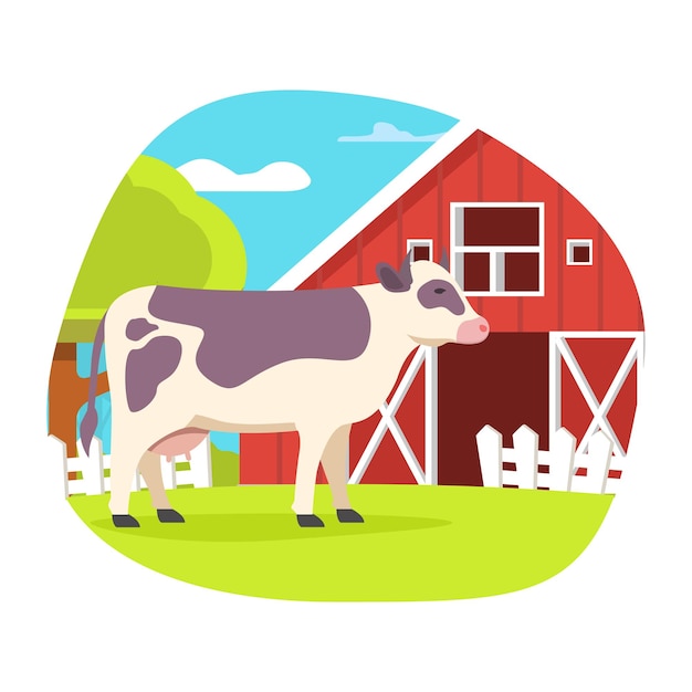 Vaca en el prado Granja con granero y animales Concepto de vida rural Naturaleza con árboles