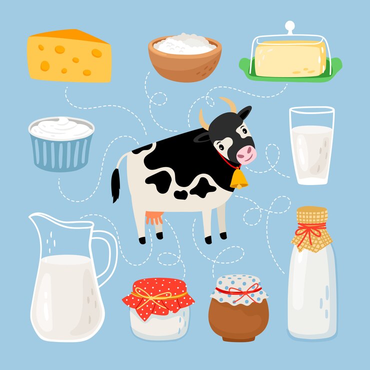 Vector vaca y productos lácteos.
