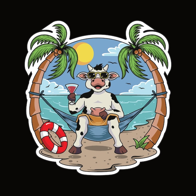 Vaca relajante con bebida ilustración premium vector