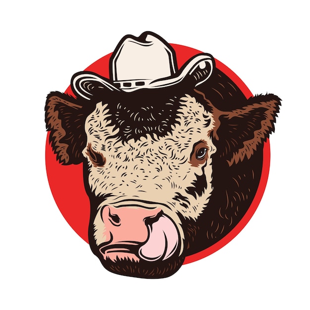 Vaca con sombrero de vaquero sacando la lengua ilustración vectorial