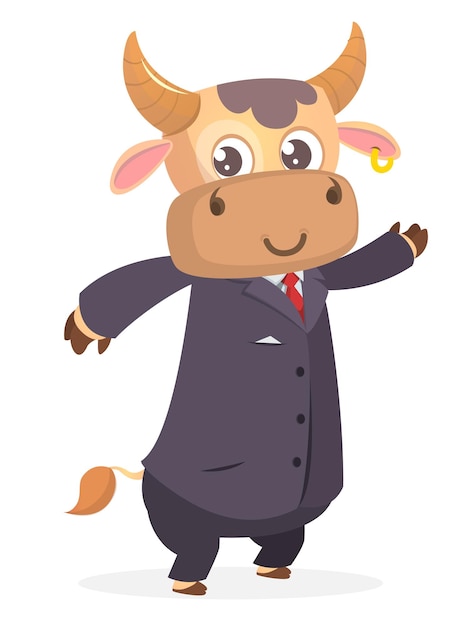 Vaca sonriente divertida de dibujos animados con toxedo o traje de negocios Ilustración vectorial