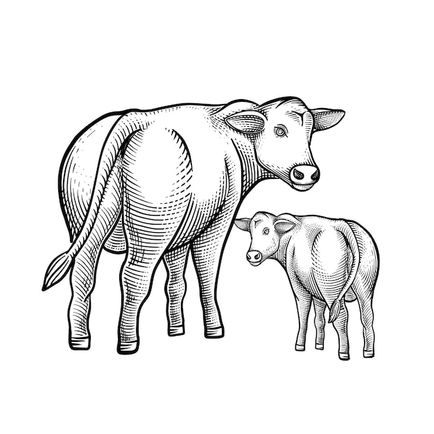 Vaca y ternera aislado sobre fondo blanco. Ilustración de vector de grabado dibujado a mano