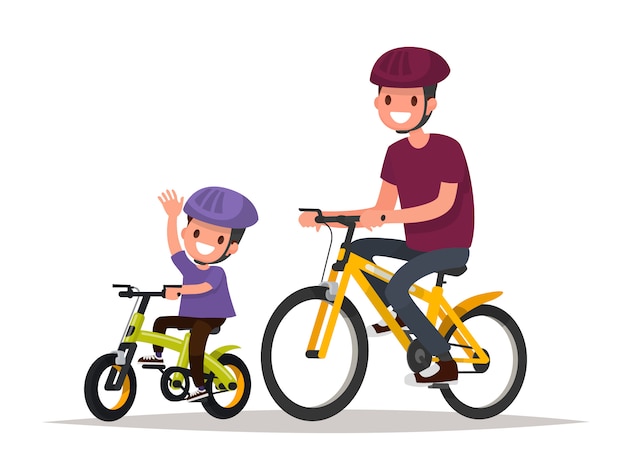 Vector vacaciones activas padre e hijo andan en bicicleta. ilustración