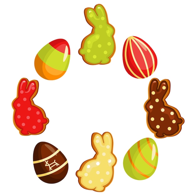 Vacaciones de banner de pascua, con huevos de pascua y galletas de jengibre dispuestas en círculo. ilustración vectorial