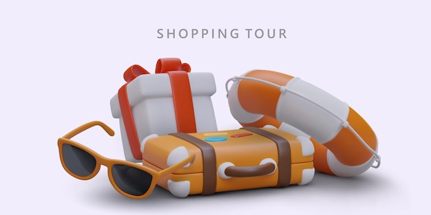 Vacaciones con compras en un balneario asistencia de un guía local acompañamiento transporte a mercados tiendas regalos para familiares y amigos cartel vectorial con objetos 3d para el sitio web de anuncios publicitarios