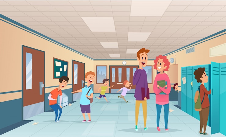 Vector vacaciones escolares. problemas de alumnos y estudiantes desorganizados en el receso escolar en los personajes de dibujos animados del corredor