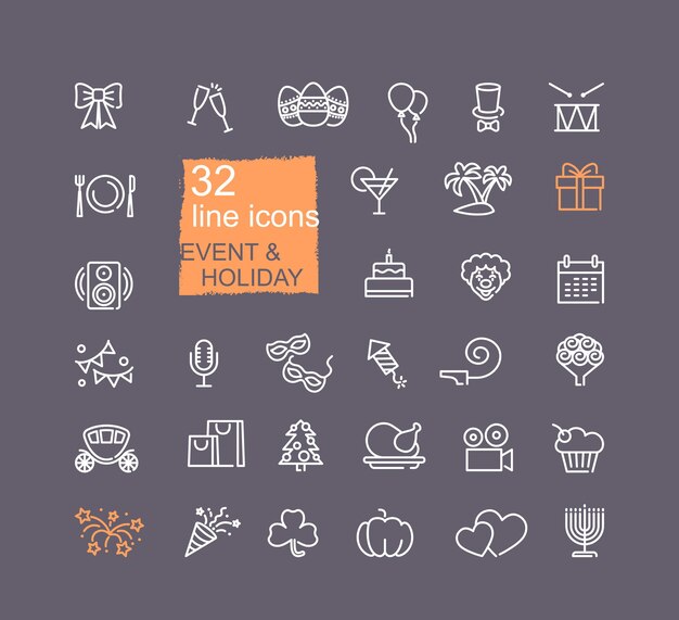 Vacaciones y eventos Conjunto de iconos de línea de vector