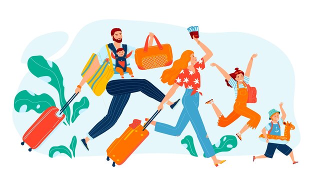 Vacaciones familia playa temporada verano diversión feliz padre juntos niños mar diseño dibujos animados estilo vector ilustración