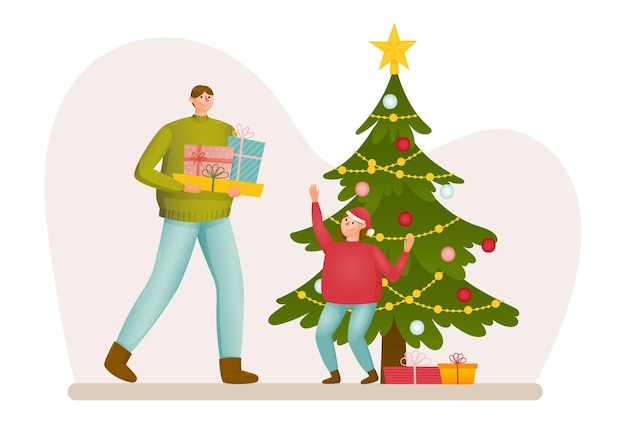 Vector vacaciones familiares en casa el hombre lleva regalos de navidad al árbol de navidad decorado una niña alegre lo saluda padre e hija se preparan para las vacaciones de invierno