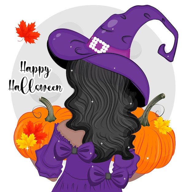 Vacaciones de Halloween Hermosa bruja sosteniendo una calabaza vista posterior moda vector ilustración impresión