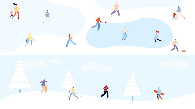 Vacaciones de invierno. Gente diminuta caminando en el parque de nieve, esquí y patinaje. Navidad y año nuevo, bosque nevado con banners de vector de deporte mujer hombre. Parque de invierno de esquí de snowboard, ilustración de vacaciones de nieve