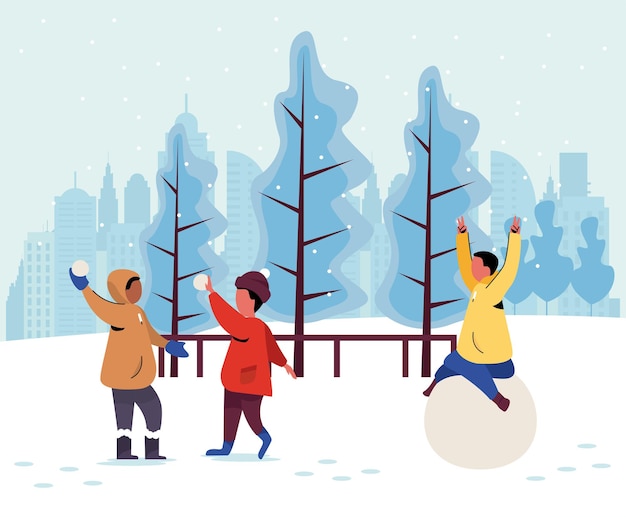 Vector las vacaciones de invierno la gente se divierte en la ilustración de nieve, fondo de pantalla de navidad de nieve