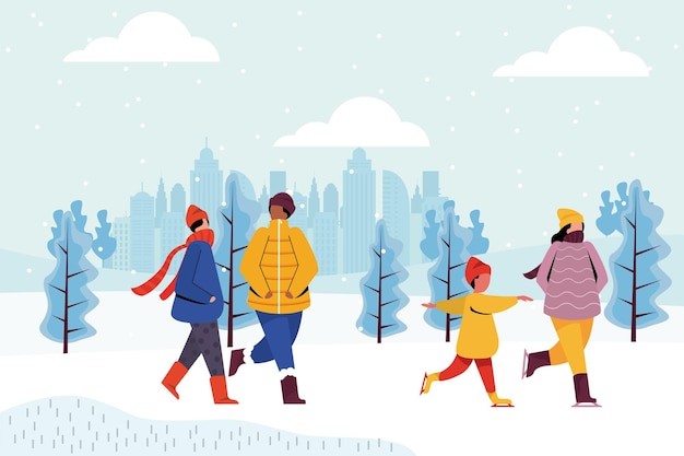 Las vacaciones de invierno la gente se divierte en la nieve, caminando en la ilustración del parque