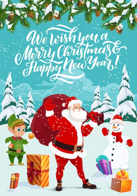 Vacaciones de invierno Papá Noel y elfo muñeco de nieve