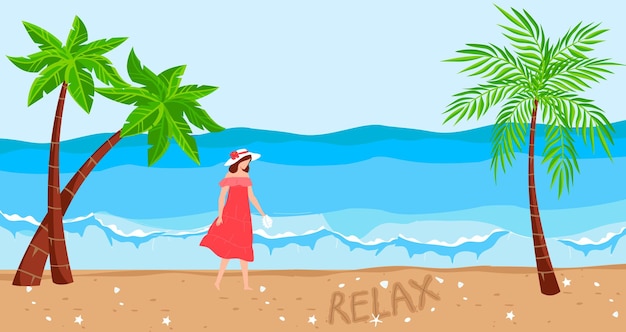 Vacaciones en el océano playa tropical vector ilustración plana personaje de mujer joven caminando en viajes de vacaciones de arena en el paraíso de verano