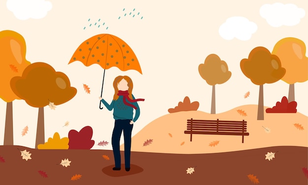 Vacaciones de otoño Mujer feliz joven con paraguas en un parque Estilo de vida saludable y actividad de ocio recreativo Ilustración vectorial