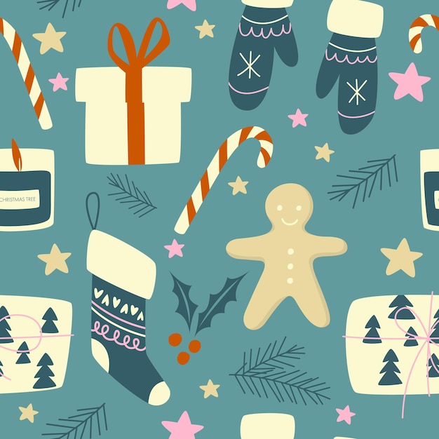 Vacaciones de patrones sin fisuras con símbolos de Navidad. Colección de carteles de invierno de Navidad. Feliz Navidad, feliz año nuevo hojas de acebo de patrones sin fisuras y bayas para tarjetas de felicitación, papeles de envolver.