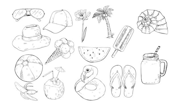 vacaciones en la playa grabado de ilustración dibujado a mano