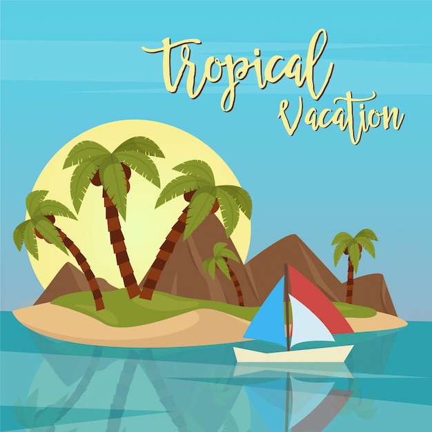 Vacaciones en la playa. Paraíso tropical. Isla exótica con palmeras. Ilustración vectorial