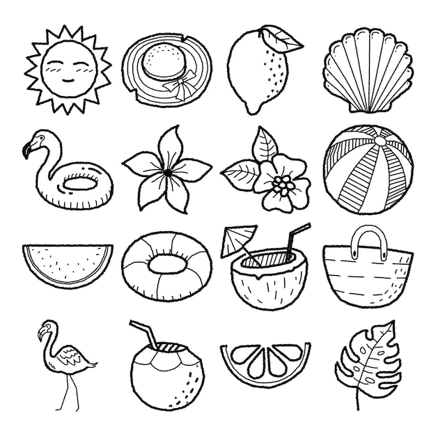 Vacaciones en la playa en verano caluroso con un estilo de Doodle minimalista dibujado a mano