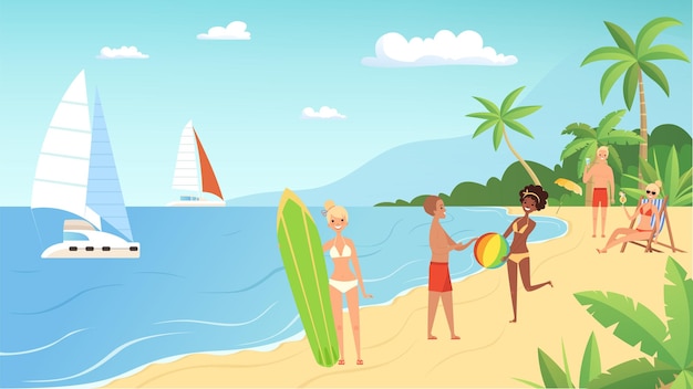 Vacaciones en la playa. Verano, jóvenes con cócteles, pelota y tabla de surf en el mar.