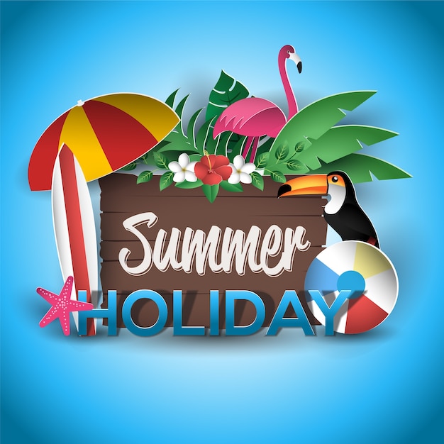 Vector vacaciones de verano con estilo plano de la tarjeta de felicitación de madera de la muestra