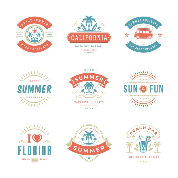 Vacaciones de verano etiquetas e insignias conjunto de diseño de tipografía retro.
