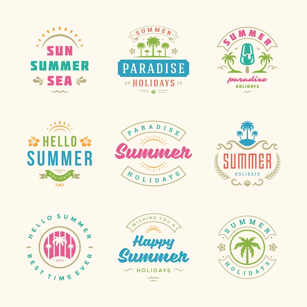Vacaciones de verano etiquetas e insignias conjunto de diseño de tipografía retro.