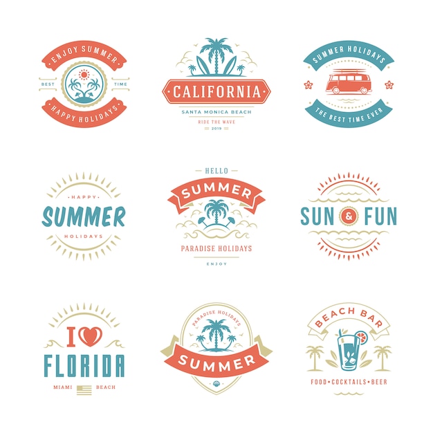 Vacaciones de verano etiquetas e insignias retro tipografía diseño conjunto.