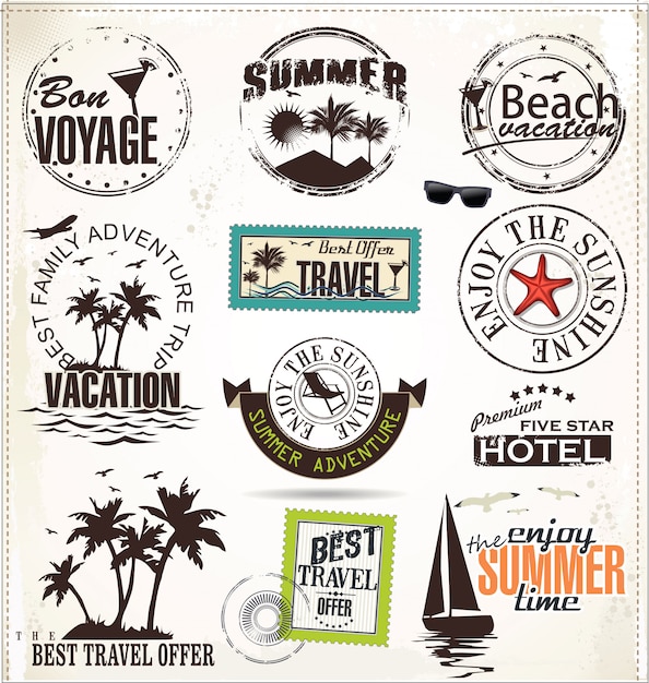 Vector vacaciones de verano y etiquetas de viaje.