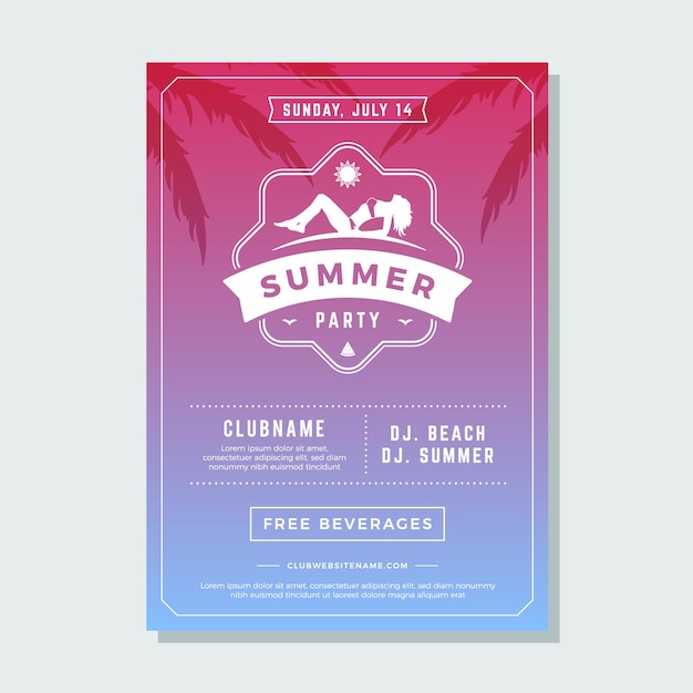 Vacaciones de verano fiesta en la playa volante tipografía club nocturno diseño de etiqueta de evento ilustración vectorial buena para carteles o volantes