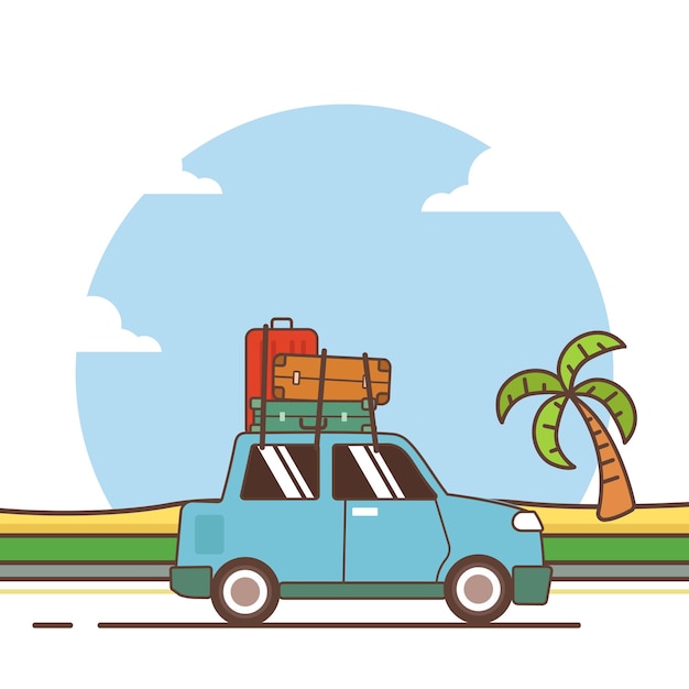 Vacaciones de verano con ilustración de coche. viaje en coche