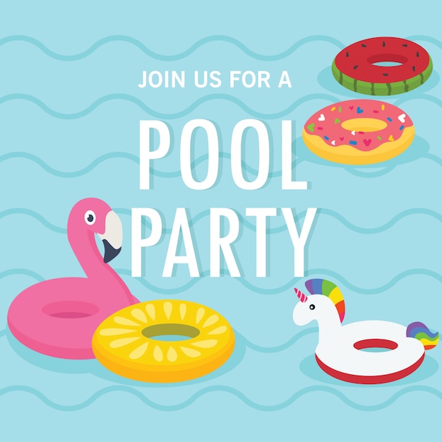 En vacaciones de verano, invitación fiesta en la piscina. piscina y anillos inflables.