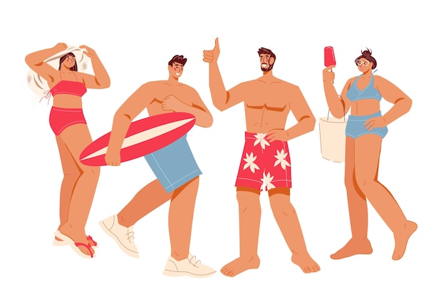 Vector vacaciones de verano jóvenes en la playa ilustración vectorial plana aislada