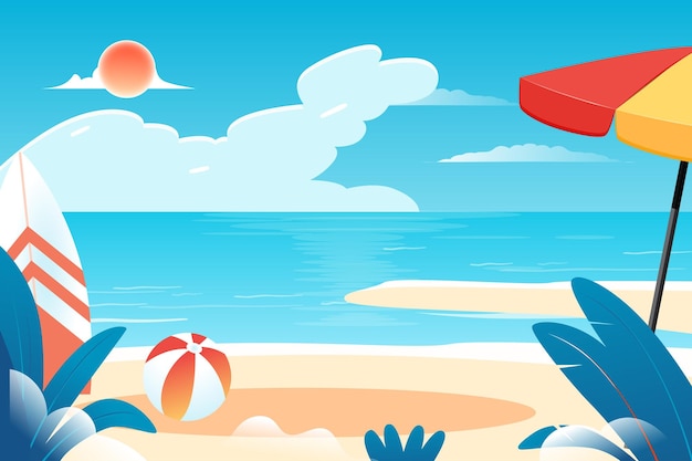 Vacaciones de verano junto al mar con playa y plantas en la ilustración de vector de fondo