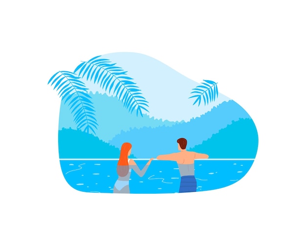 Vacaciones de verano en el mar vacaciones en la gente de la playa en la ilustración de vector de fondo de agua tropical Carácter de pareja de amor nadando en la piscina