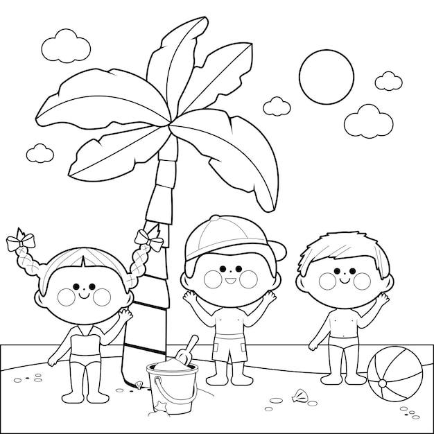 Vacaciones de verano para niños océano e isla tropical Vector página de colorear en blanco y negro