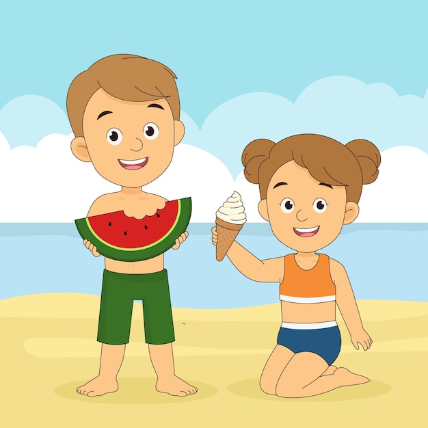 Vacaciones de verano, niños pequeños jugando en la playa.
