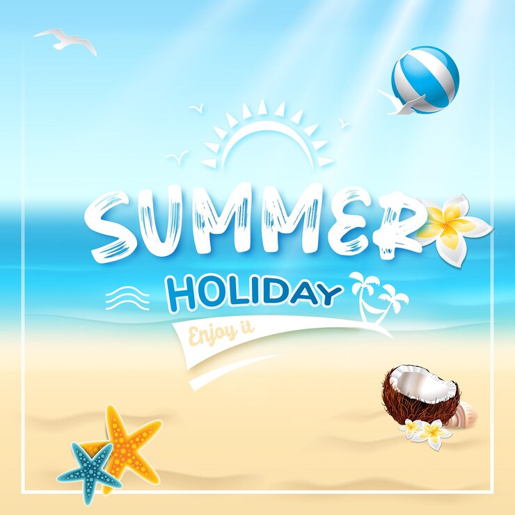 Vacaciones de verano con palmeras, playa de arena y mar, ilustración vectorial