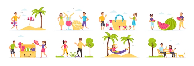 Vector vacaciones de verano con personajes de personas en diversas escenas y situaciones.