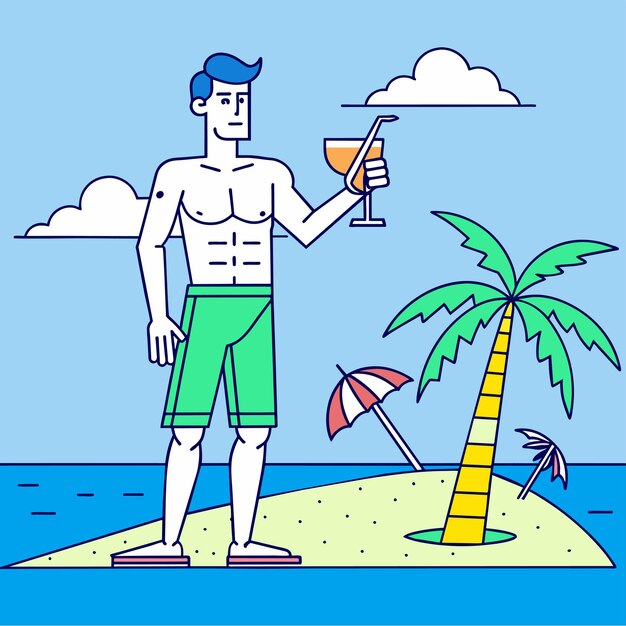 Vector vacaciones de verano en la playa, vacaciones, trajes de baño turísticos, dibujos a mano, caricaturas planas y elegantes.