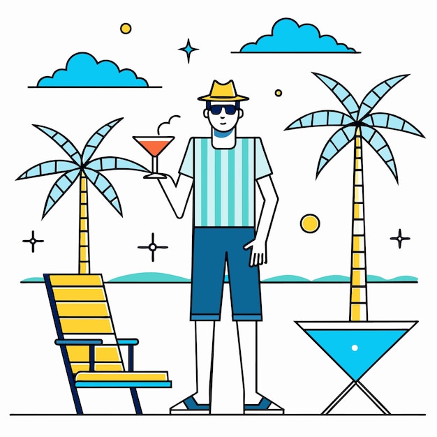 Vector vacaciones de verano en la playa, vacaciones, trajes de baño turísticos, dibujos a mano, caricaturas planas y elegantes.