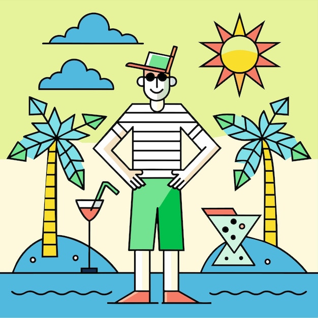 Vector vacaciones de verano en la playa, vacaciones, trajes de baño turísticos, dibujos a mano, caricaturas planas y elegantes.
