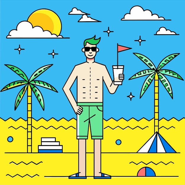 Vacaciones de verano en la playa, vacaciones, trajes de baño turísticos, dibujos a mano, caricaturas planas y elegantes.