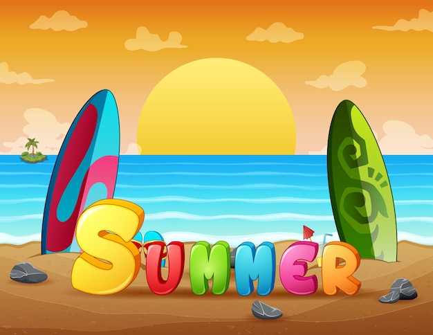 Vacaciones de verano puesta de sol playa escena con tablas de surf en arena