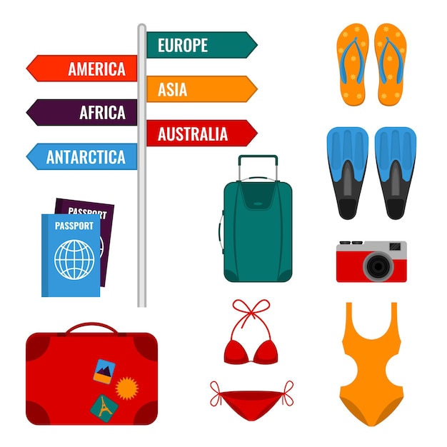 Vacaciones de verano con señales de dirección, maletas de equipaje, trajes de baño, pasaportes internacionales, cámara de fotos y aletas ilustración vectorial