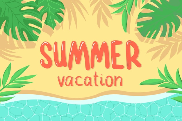 Vacaciones de verano y vacaciones con letras planas con hojas de palma e ilustración vectorial de la costa del océano