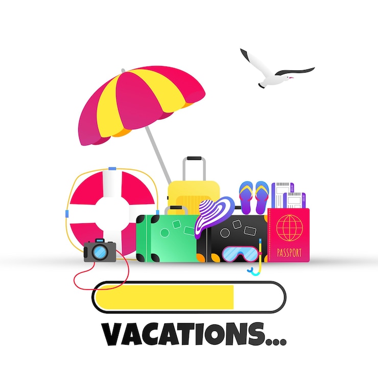 Vector vacaciones de verano vacaciones tropicales composición de diseño de estilo plano con barra de carga de progreso